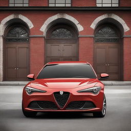 A stylish red sedan from Alfa Romeo, showcasing elegant curves, a sophisticated design, and the iconic Alfa Romeo grille and logo