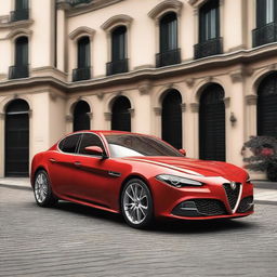 A stylish red sedan from Alfa Romeo, showcasing elegant curves, a sophisticated design, and the iconic Alfa Romeo grille and logo