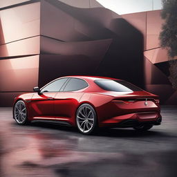 A futuristic red sedan from Alfa Romeo, featuring advanced aerodynamics, sleek lines, and a luxurious interior