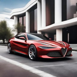 A futuristic red sedan from Alfa Romeo, featuring advanced aerodynamics, sleek lines, and a luxurious interior