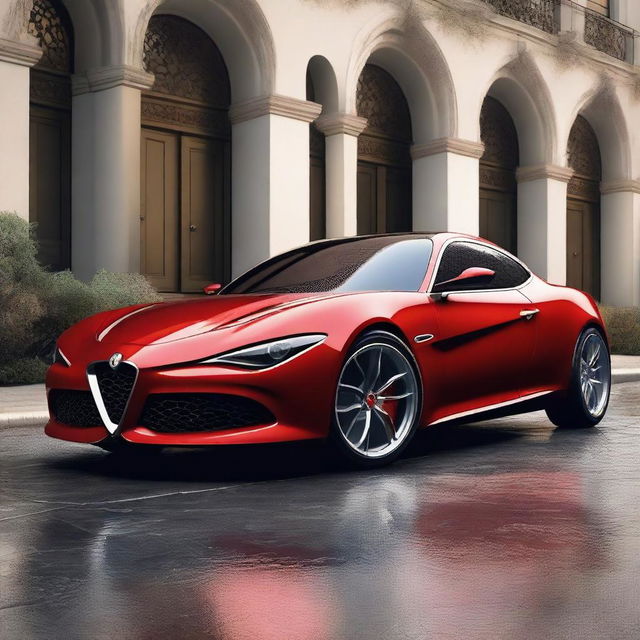 A futuristic red sedan from Alfa Romeo, featuring advanced aerodynamics, sleek lines, and a luxurious interior