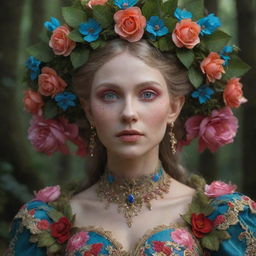 A hyper realistic 3D portrait of a Russian elf woman styled in Rococo fashion. She's in a vibrant, mystical Russian forest filled with intricate floral aesthetics. Captured in close-up, high definition cinematic photography with a strong spirit vibe.