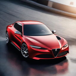 A futuristic red sedan from Alfa Romeo, featuring advanced aerodynamics, sleek lines, and a luxurious interior