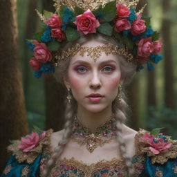 A hyper realistic 3D portrait of a Russian elf woman styled in Rococo fashion. She's in a vibrant, mystical Russian forest filled with intricate floral aesthetics. Captured in close-up, high definition cinematic photography with a strong spirit vibe.