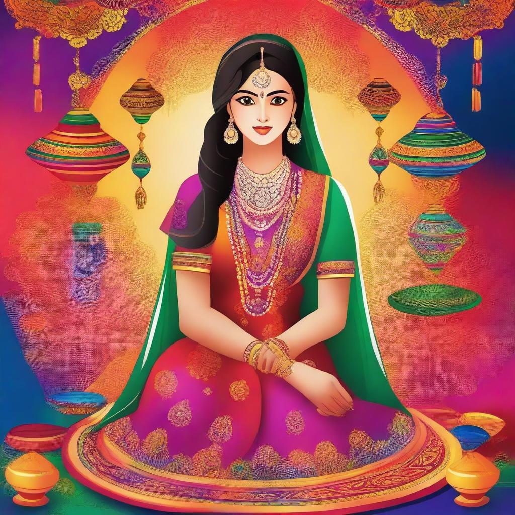 A beautiful Indian girl wearing traditional attire, standing in a vibrant, colorful background with elements of Indian culture like rangoli, lamps, and flowers