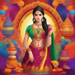 A beautiful Indian girl wearing traditional attire, standing in a vibrant, colorful background with elements of Indian culture like rangoli, lamps, and flowers