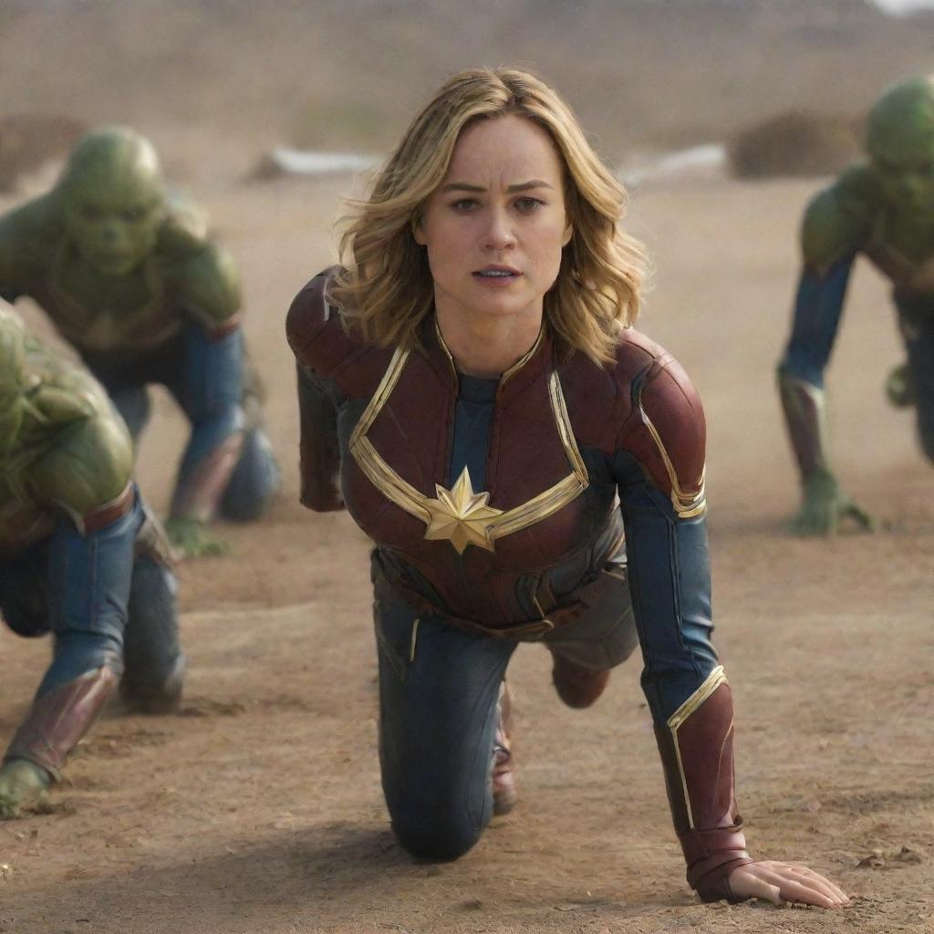 Brie Larson as Captain Marvel crawling humorously like a baby, with an array of intrigued female aliens curiously trailing behind her.