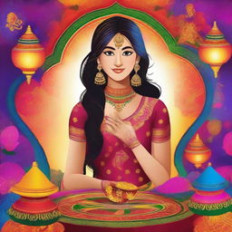 A beautiful Indian girl wearing traditional attire, standing in a vibrant, colorful background with elements of Indian culture like rangoli, lamps, and flowers