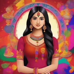 A beautiful Indian girl wearing traditional attire, standing in a vibrant, colorful background with elements of Indian culture like rangoli, lamps, and flowers