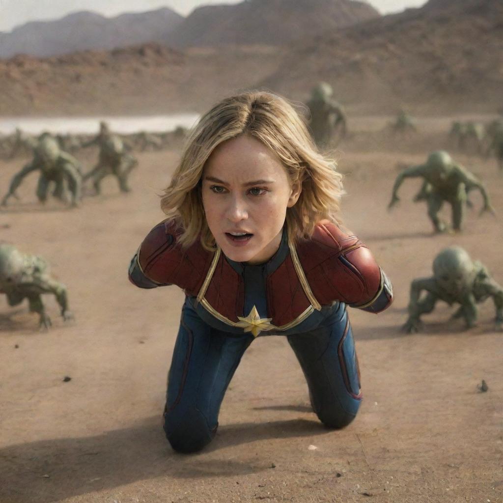 Brie Larson as Captain Marvel crawling humorously like a baby, with an array of intrigued female aliens curiously trailing behind her.