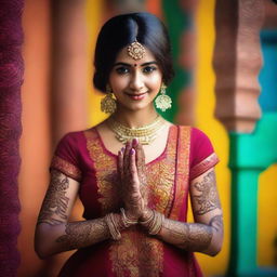 A beautiful Indian girl wearing traditional attire, with intricate henna designs on her hands