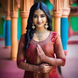 A beautiful Indian girl wearing traditional attire, with intricate henna designs on her hands