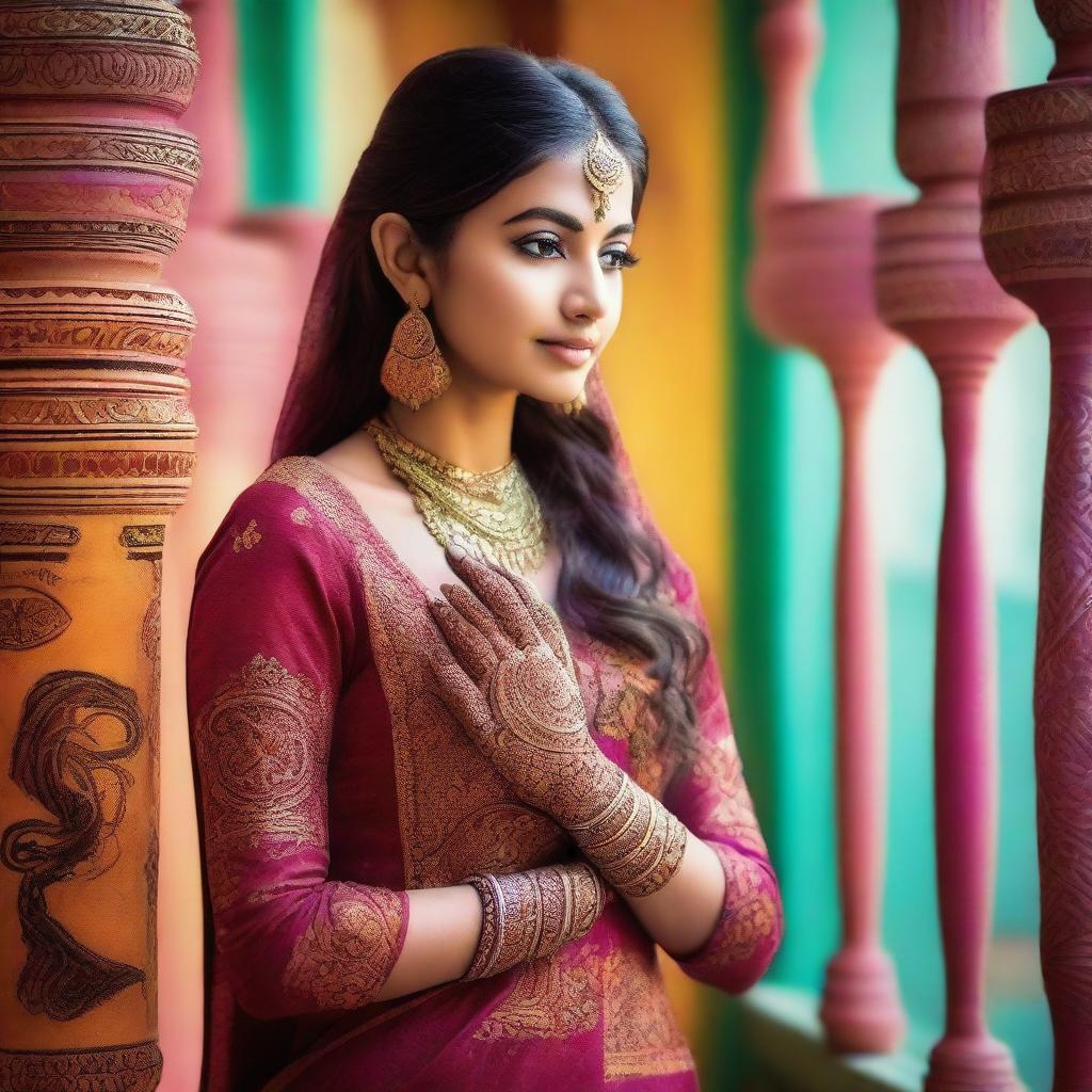 A beautiful Indian girl wearing traditional attire, with intricate henna designs on her hands