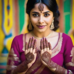 A beautiful Indian girl wearing traditional attire, with intricate henna designs on her hands