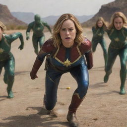 Brie Larson as Captain Marvel crawling humorously like a baby, with an array of intrigued female aliens curiously trailing behind her.