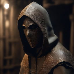 A young, thin, pale man wearing a hood and a bronze mask