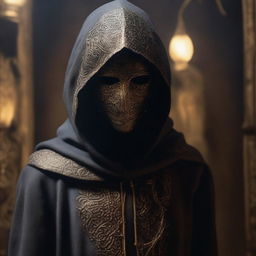 A young, thin, pale man wearing a hood and a bronze mask