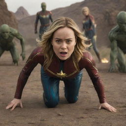 Brie Larson as Captain Marvel crawling humorously like a baby, with an array of intrigued female aliens curiously trailing behind her.