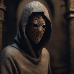 A young, thin, pale man wearing a hood and a bronze mask