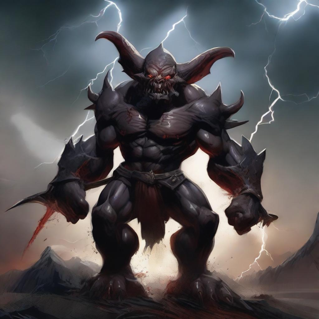 A gigantic demonic mega goblin towering over a dark, desolate landscape