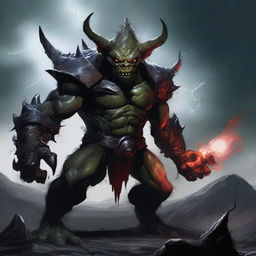 A gigantic demonic mega goblin towering over a dark, desolate landscape