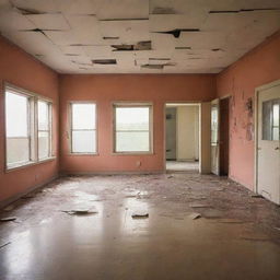 An image of a retro-futuristic, empty room with a vintage hue. The room's focal point is a shattered mirror in the center, reflecting vibrant and homely scenes of its past when a family resided there.