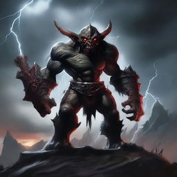 A gigantic demonic mega goblin towering over a dark, desolate landscape