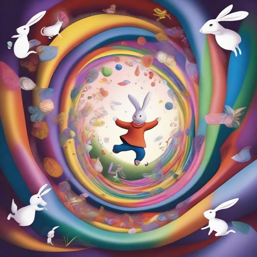 A whimsical scene of a person falling down a rabbit hole, surrounded by swirling colors and fantastical objects