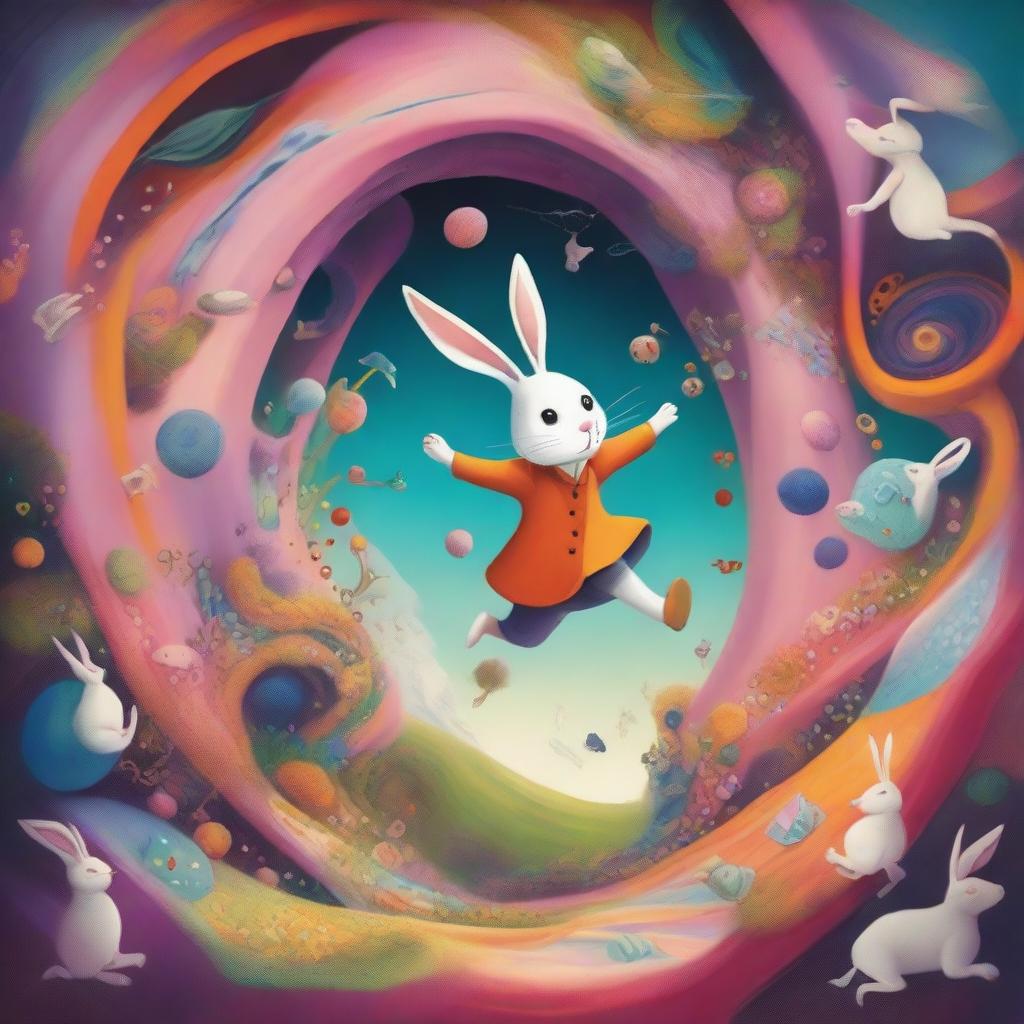 A whimsical scene of a person falling down a rabbit hole, surrounded by swirling colors and fantastical objects