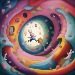 A whimsical scene of a person falling down a rabbit hole, surrounded by swirling colors and fantastical objects