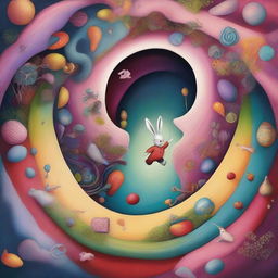 A whimsical scene of a person falling down a rabbit hole, surrounded by swirling colors and fantastical objects