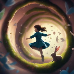 A cinematic art piece depicting a girl falling down a rabbit hole