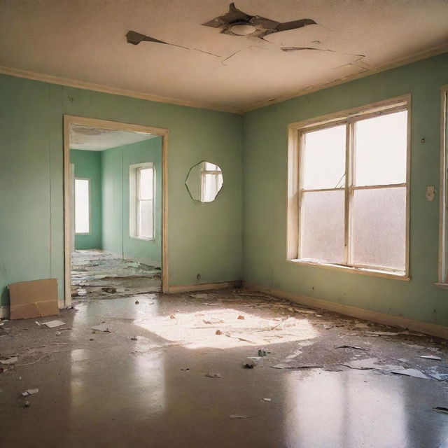 An image of a retro-futuristic, empty room with a vintage hue. The room's focal point is a shattered mirror in the center, reflecting vibrant and homely scenes of its past when a family resided there.