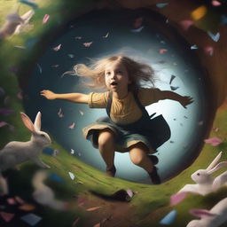 A cinematic art piece depicting a girl falling down a rabbit hole