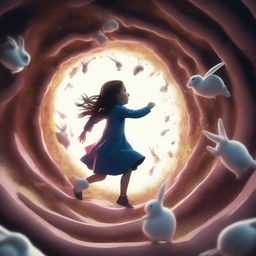 A cinematic art piece depicting a girl falling down a rabbit hole