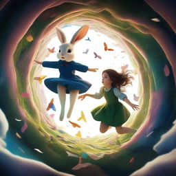 A cinematic art piece depicting a girl falling down a rabbit hole