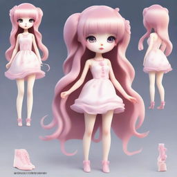 Create an image of a female character with large, double-lidded eyes, pale skin, and long pink hair