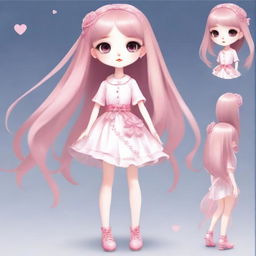 Create an image of a female character with large, double-lidded eyes, pale skin, and long pink hair