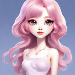 Create an image of a female character with large, double-lidded eyes, pale skin, and long pink hair