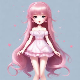 Create an image of a female character with large, double-lidded eyes, pale skin, and long pink hair