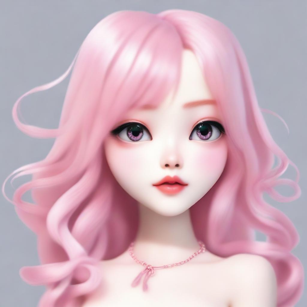 Create an image of a female character with large, double-lidded eyes, pale skin, and long pink hair