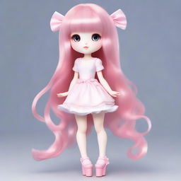 Create an image of a female character with large, double-lidded eyes, pale skin, and long pink hair