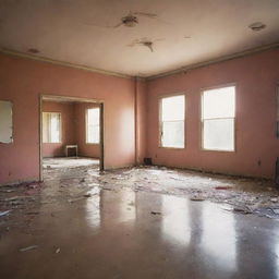 An image of a retro-futuristic, empty room with a vintage hue. The room's focal point is a shattered mirror in the center, reflecting vibrant and homely scenes of its past when a family resided there.