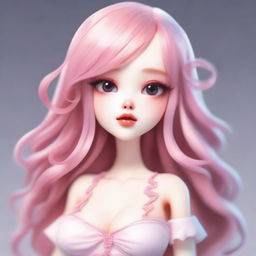 Create an image of a female character with large, double-lidded eyes, pale skin, and long pink hair