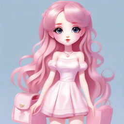 Create an image of a female character with large, double-lidded eyes, pale skin, and long pink hair