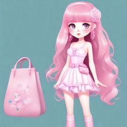 Create an image of a female character with large, double-lidded eyes, pale skin, and long pink hair