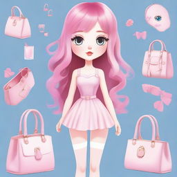 Create an image of a female character with large, double-lidded eyes, pale skin, and long pink hair