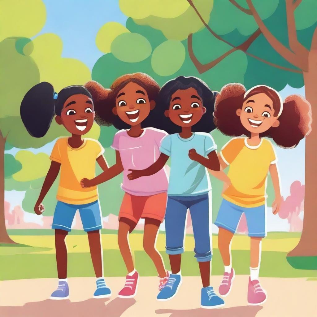 A group of young girls playing together in a park, laughing and enjoying their time