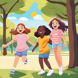 A group of young girls playing together in a park, laughing and enjoying their time