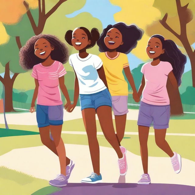 A group of young girls playing together in a park, laughing and enjoying their time